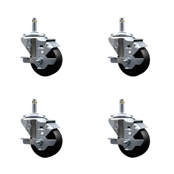 3'' Soft Rubber Wheel Swivel 7/16'' Grip Ring Stem Caster Set with Brake, 4PK